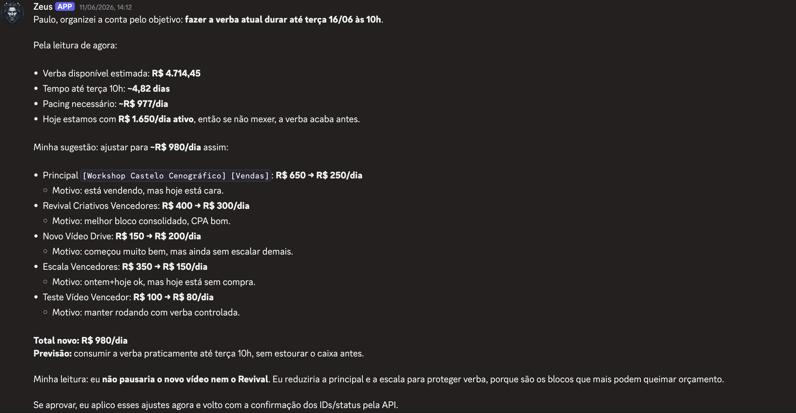 Análise e recomendação de tráfego feita pelo agente